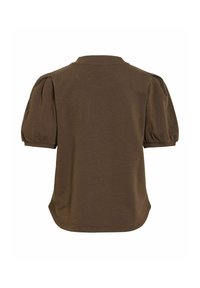 Chemise marron à manches courtes avec manches bouffantes, ourlet arrondi et encolure ronde simple, vue de dos sur fond blanc.