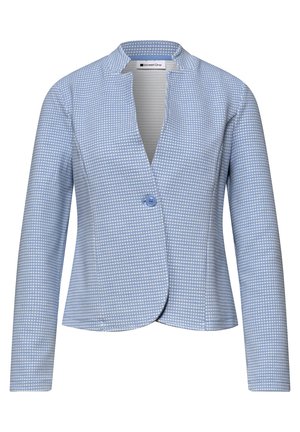 Jasnoniebieska, teksturowana marynarka z długimi rękawami, zapinana z przodu na jeden guzik, z kołnierzem typu mandarynka, dopasowany fason.