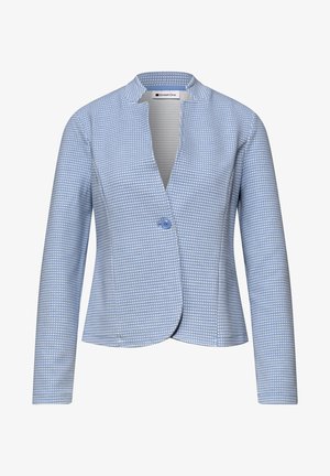 Hellblauer, strukturierter Blazer mit langen Ärmeln, einem vorderen Knopfverschluss und einem Mandarinkragen, taillierte Passform.