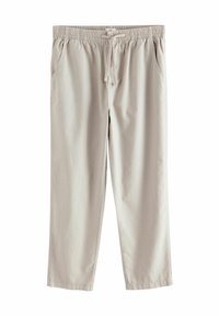 Lichtbeige, linnenmix broek met een elastische tailleband, trekkoordsluiting en zijzakken. Rechtoe rechtaan ontwerp met een gladde textuur.