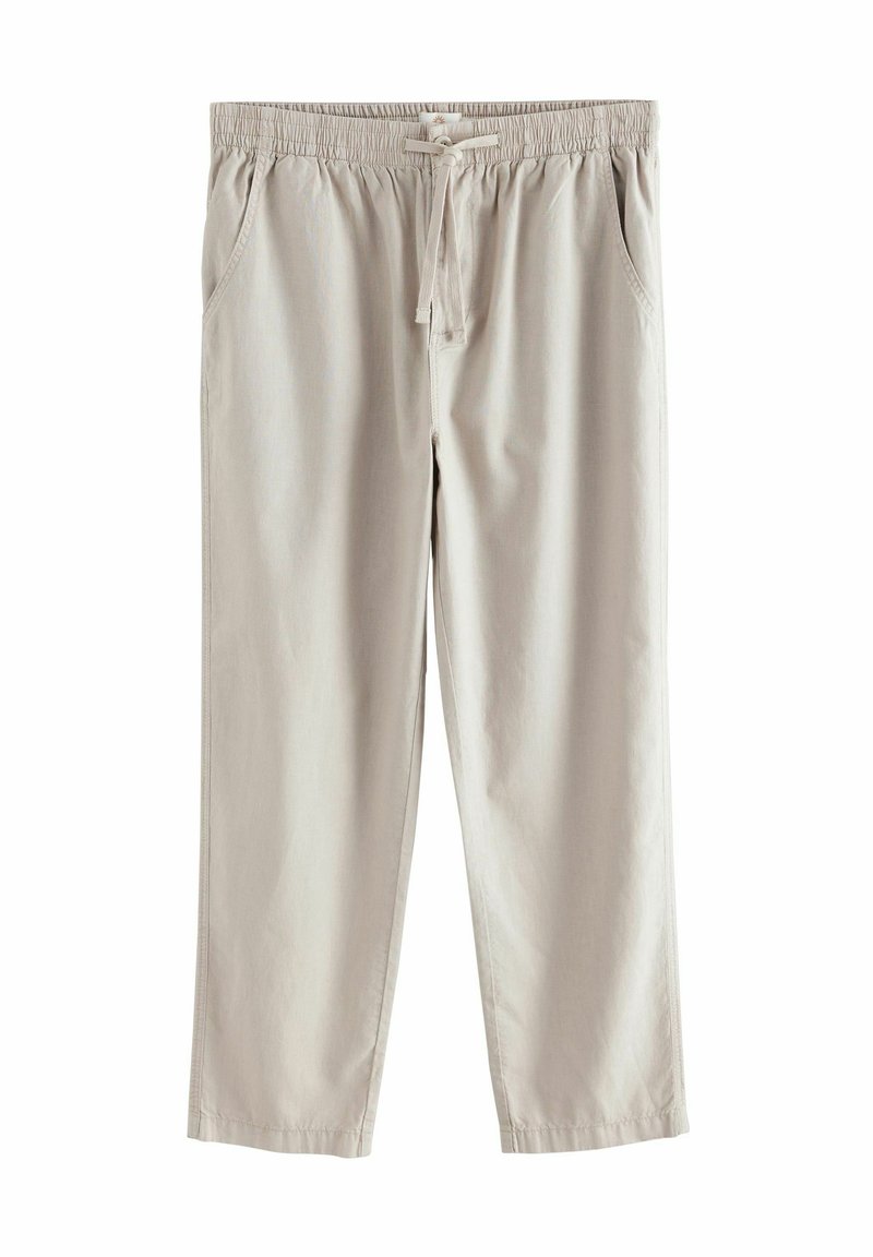 Lichtbeige, linnenmix broek met een elastische tailleband, trekkoordsluiting en zijzakken. Rechtoe rechtaan ontwerp met een gladde textuur.