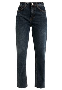 Jeans in denim scuro con vita alta, taglio dritto, orlo sfrangiato e cuciture a contrasto. Presenta tasche frontali e zip.