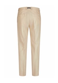 Beige tailored trousers met een gladde textuur, voorzien van twee achterzakken en een slim fit ontwerp. Minimalistische stijl en rechte pijpen.