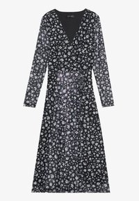 Must mustriga mustrikleid, millel on pikad varrukad, musta värvi, kaunistatud valgete ja purpursete lilledega. Valmistatud kergest kangast, omades voolavat siluetti.