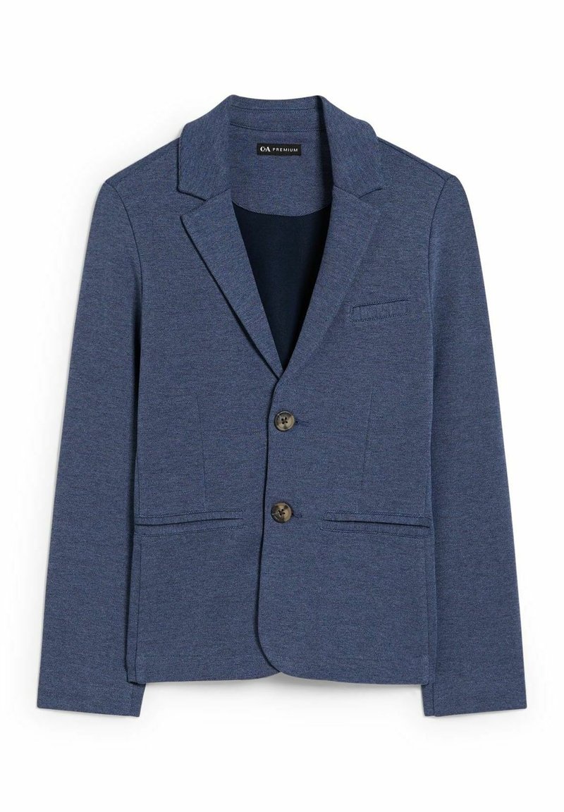 Navyblauwe blazer van een gladde, gestructureerde stof. Heeft een notch-revers, twee voorzakken en twee knopen. Eenvoudig en op maat gemaakt ontwerp.