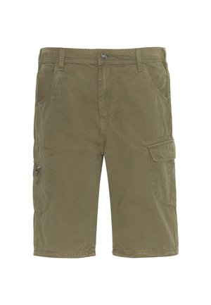 Shorts cargo en vert olive en coton, avec plusieurs poches, une poche latérale zippée et des coutures décoratives le long de l'ourlet.