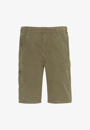 Shorts cargo en vert olive en coton, avec plusieurs poches, une poche latérale zippée et des coutures décoratives le long de l'ourlet.