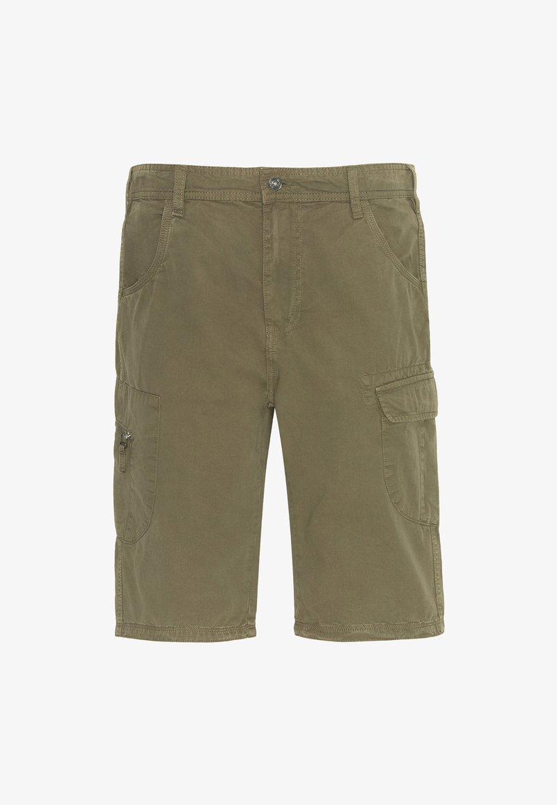 Shorts cargo en vert olive en coton, avec plusieurs poches, une poche latérale zippée et des coutures décoratives le long de l'ourlet.