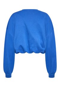Sudadera azul recortada con mangas largas y abullonadas. Hecha de una tela suave, presenta un escote redondo y un dobladillo fruncido.
