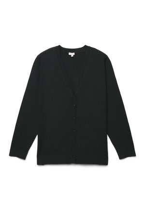 Cardigan nero a maniche lunghe con bottoni, scollo a V e bordi a coste, disposto in piano su uno sfondo bianco.