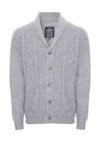 Graue Strickjacke mit Schalkragen, mit Zopfmuster, sechs Knöpfen sowie gerippten Bündchen und Saum.