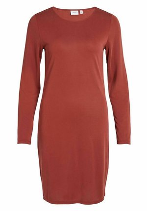 Langärmliges Kleid in Rostrot, aus glattem Stoff gefertigt. Es hat einen runden Halsausschnitt und ein schlankes, gerades Design ohne zusätzliche Muster oder Akzente.