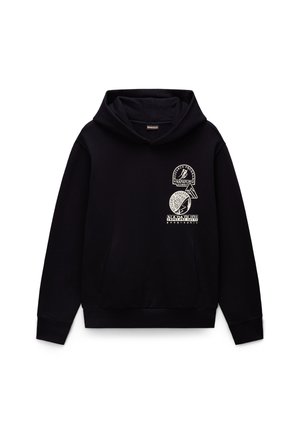 Black hoodie with a large, textured front pocket, featuring white graphic prints and a drawstring hood. Cuffs are ribbed for fit.