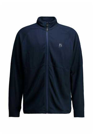 Tumesinine täislukuga fliisjope kõrge kaelusega ja väikese logoga vasakul rinnal, tekstuurse kangaga, pikad varrukad ning kitsendatud varrukasäärtega.