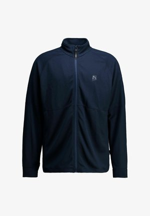 Tumši zils pilna garuma rāvējslēdzēja flīsa džemperis ar stāvu apkakli un mazu logotipu kreisajā krūtīs, teksturētu audumu, garām piedurknēm un pieguļošām aprocēm.