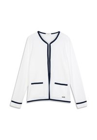 Witte cardigan met marineblauwe accenten, voorzien van een ronde hals, voorzakken en contrasterende biezen op mouwen en knoopsluiting. Zachte stoftextuur.