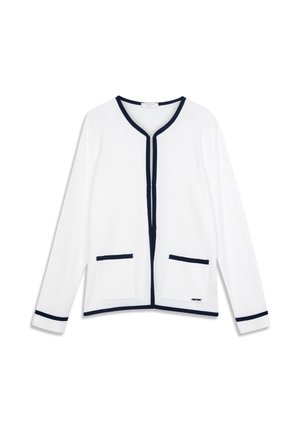 Witte cardigan met marineblauwe accenten, voorzien van een ronde hals, voorzakken en contrasterende biezen op mouwen en knoopsluiting. Zachte stoftextuur.