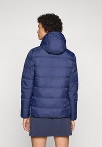 Veste rembourrée bleu marine avec une capuche, présentant des lignes matelassées et une texture lisse et brillante. Présentée de dos.