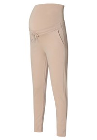Beige zwangerschapsjoggers met een hoge tailleband, verstelbaar trekkoord en zijzakken; gemaakt van zachte, rekbare stof voor comfort.