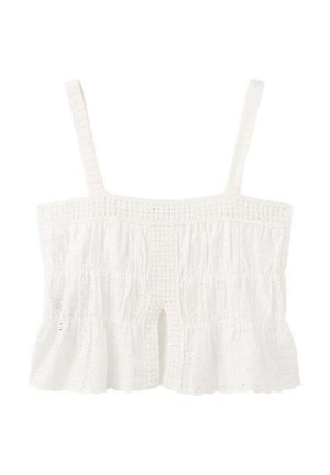 Débardeur court en dentelle ajourée blanche avec fines bretelles, détails smockés et petite fente centrale à l'avant.