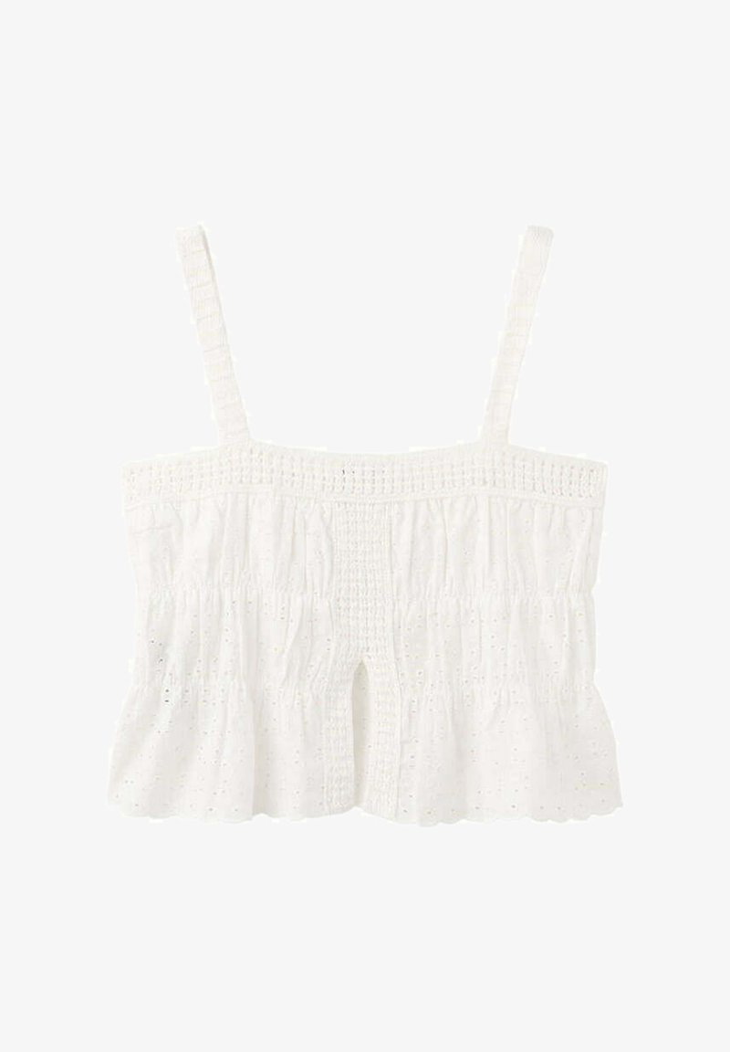 Débardeur court en dentelle ajourée blanche avec fines bretelles, détails smockés et petite fente centrale à l'avant.