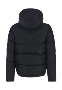 Schwarze Daunenjacke mit Kapuze, die ein gestepptes Design, eine glatte Textur und elastische Bündchen aufweist. Die Rückansicht zeigt einen abgerundeten Saum.