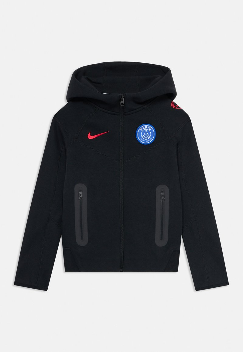 Black zip-up hoodie with hood, red Nike logo, Paris Saint-Germain emblem, and two zippered front pockets.