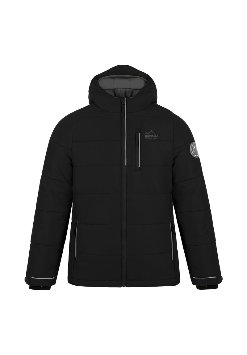 Schwarze gesteppte Jacke mit Kapuze. Verfügt über einen Frontreißverschluss, zwei Seitentaschen und eine mit Reißverschluss versehene Brusttasche. Akzente sind ein dezentes Logo und graue Besätze.