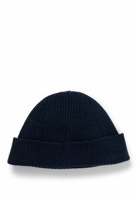Berretto a maglia a coste di colore blu navy con risvolto e tessuto testurizzato, adatto per il freddo.