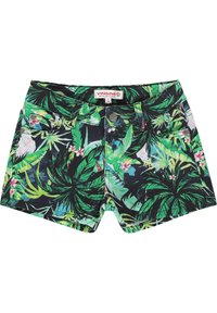 Vihreät kukkakuosiset shortsit mustalla taustalla, joissa on vyötärönauha, hopeiset napit ja sileä puuvillakangas.