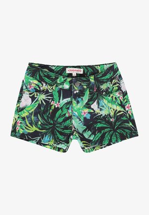 Shorts con stampa floreale verde su sfondo nero, con un elastico in vita, bottoni argentati e una texture in cotone liscia.