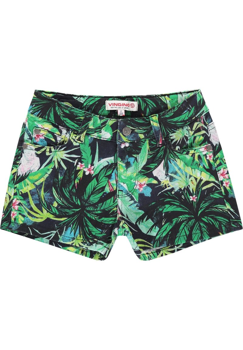 Vihreät kukkakuosiset shortsit mustalla taustalla, joissa on vyötärönauha, hopeiset napit ja sileä puuvillakangas.