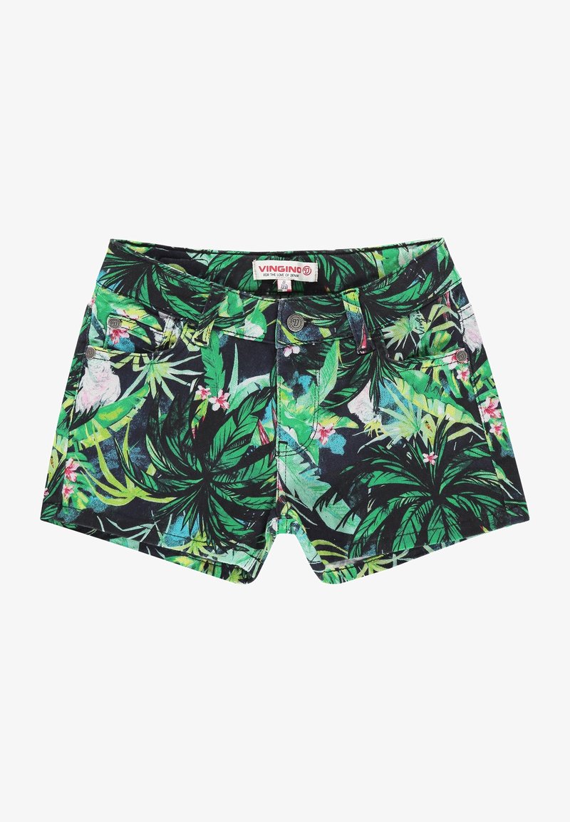 Pantalones cortos con estampado floral verde sobre un fondo negro, que cuentan con una cinturilla, botones plateados y una textura de tela de algodón suave.