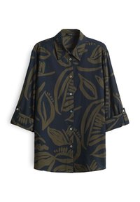 Camicia blu scuro con motivo di foglie in verde oliva. Presenta un colletto, bottoni e maniche a tre quarti con polsini. Tessuto dalla superficie liscia.