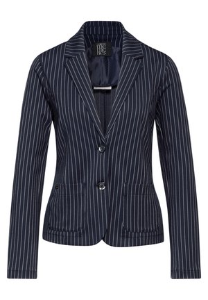 Tmavě modrý blazer s proužky vyrobený z kombinované tkaniny, s dlouhými rukávy, zapínáním na jeden knoflík a dvěma předními kapsami. Hladká textura.