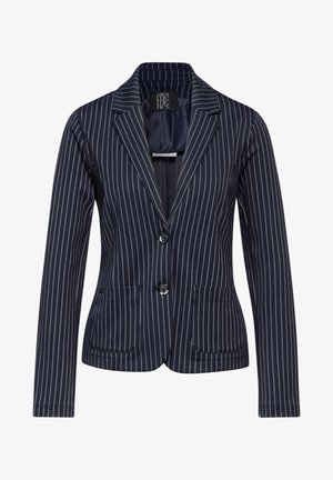 Tmavě modrý blazer s proužky vyrobený z kombinované tkaniny, s dlouhými rukávy, zapínáním na jeden knoflík a dvěma předními kapsami. Hladká textura.