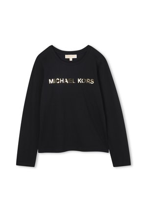 Black long-sleeve t-shirt with a round neckline and gold foil "MICHAEL KORS" lettering across the chest. Soft fabric with a smooth texture.