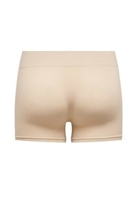 Beige katoenen shorts met een gladde textuur, een brede elastische tailleband en een nauwsluitende pasvorm. Voorzien van een sleufvormige uitsparing aan de achterkant voor een ontwerpelement.