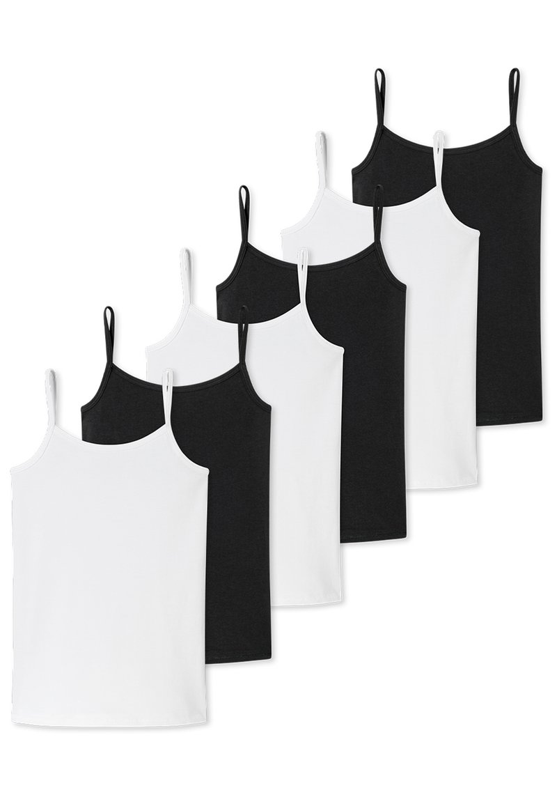 Set di sei canotte in bianco e nero. Ciascuna ha spalline sottili, un design aderente e una texture di cotone liscia.