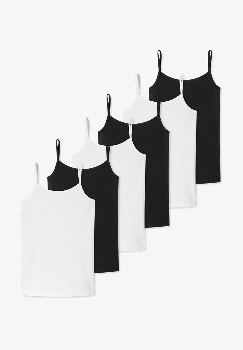Set di sei canotte in bianco e nero. Ciascuna ha spalline sottili, un design aderente e una texture di cotone liscia.