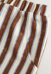 Close-up of fabric with vertical brown and white stripes bordered by thin blue lines, featuring a gathered elastic waistband and a side pocket.