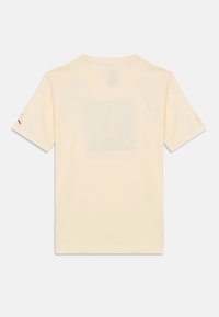 Ανδρικό βαμβακερό t-shirt σε κρεμ χρώμα με κοντά μανίκια, που διαθέτει γραφικό λογότυπο στο κέντρο της πλάτης και μαύρη λεπτομέρεια στο αριστερό μανίκι.