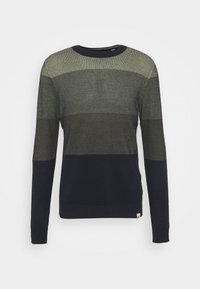 Maglioncino lavorato a maglia in verde oliva e blu navy, caratterizzato da righe orizzontali e scollo rotondo. Tessuto strutturato con polsini a coste.