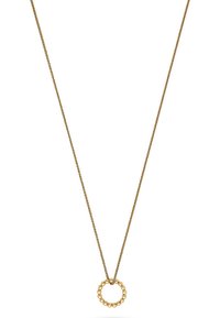 Collana in tono oro con catena attorcigliata e pendente circolare decorato con piccole perline, con una finitura liscia e riflettente.