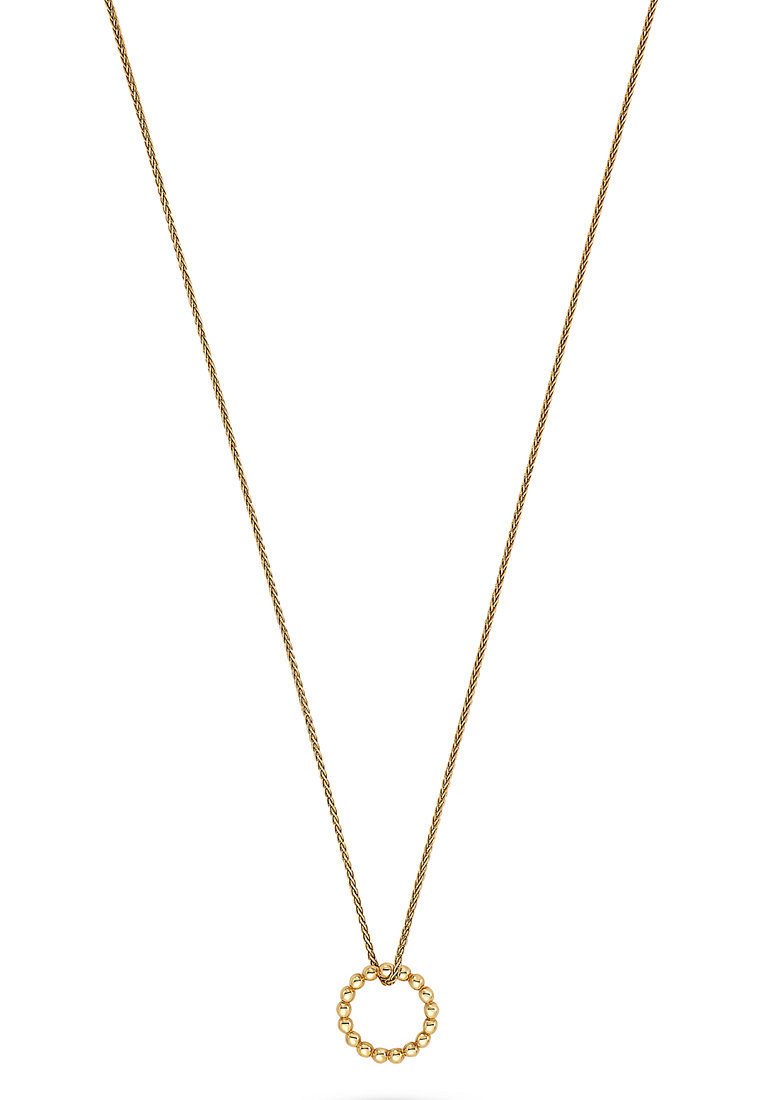 Collana in tono oro con catena attorcigliata e pendente circolare decorato con piccole perline, con una finitura liscia e riflettente.