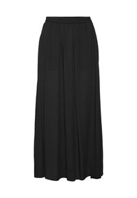 Schwarzer Maxirock mit elastischem Bund, aus fließendem, leichtem Stoff mit dezenten Falten für Textur und Bewegungsfreiheit.
