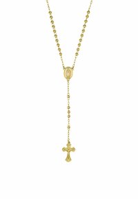 Collana d'oro con perline rotonde e un medaglione centrale raffigurante una figura religiosa, terminante con un pendente a croce dettagliato.