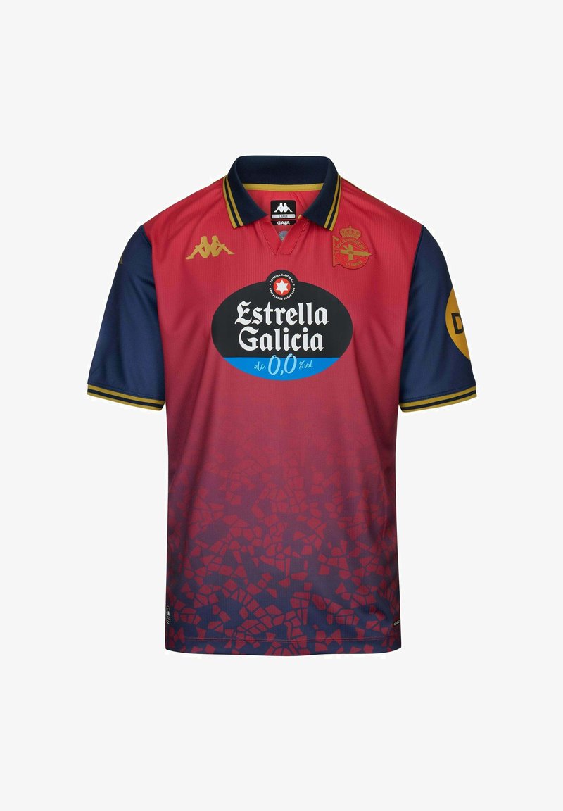 Camiseta deportiva Kappa en rojo y azul marino con un degradado estampado, cuello tipo polo y logo de Estrella Galicia. Presenta detalles en amarillo en las mangas.