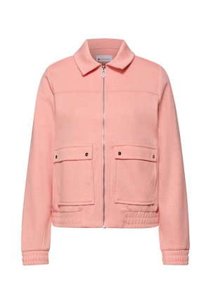 Veste courte rose avec fermeture éclair, col, deux poches à rabat à boutons à l'avant, poignets et ceinture côtelés.