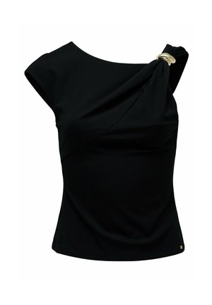 Top negro de un solo hombro sin mangas con un detalle de anillo dorado que recoge la tela en el hombro derecho, silueta ajustada.